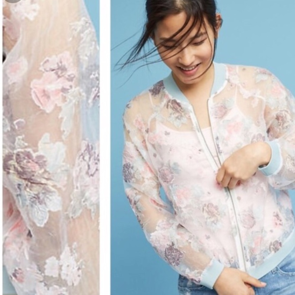 Anthropologie Maeve sheer floral bomber jacket